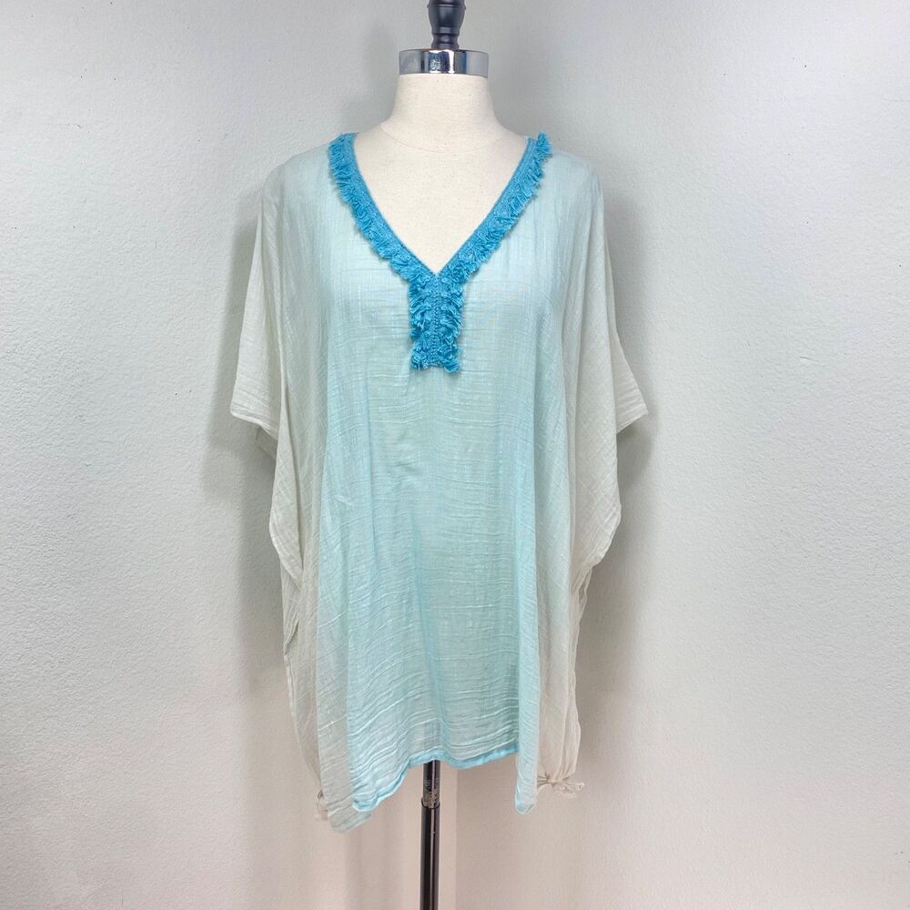 J Jill Light Blue Cotton Gauze Kaftan Tunic Swimsuit CoverUp Top S/L Lightweight